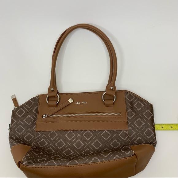 Nine West Brown Camel Tan All Over Geometric Pattern Contrast Satchel Purse - Picture 15 of 16